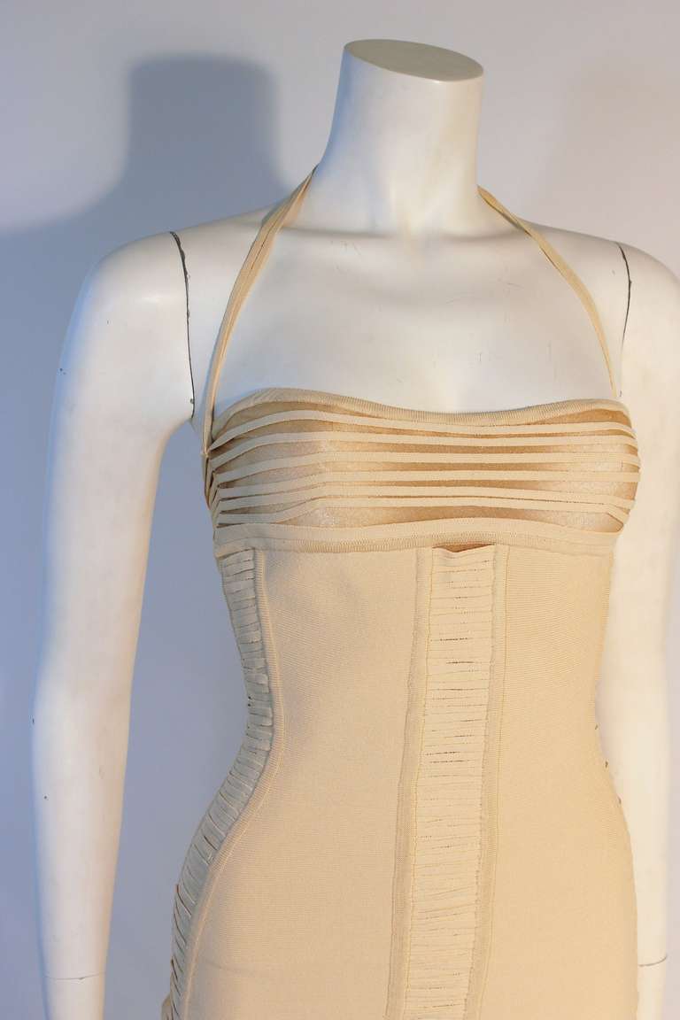Herve Leger Cream and Sheer Halter Bandage Dress In Excellent Condition In Los Angeles, CA