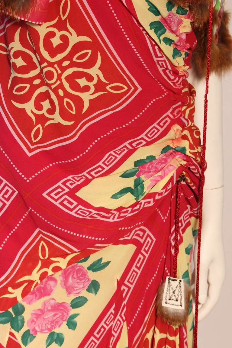 Dramatic 2000's John Galliano Silk Chiffon Rose Print Dress with Fur details 46 4