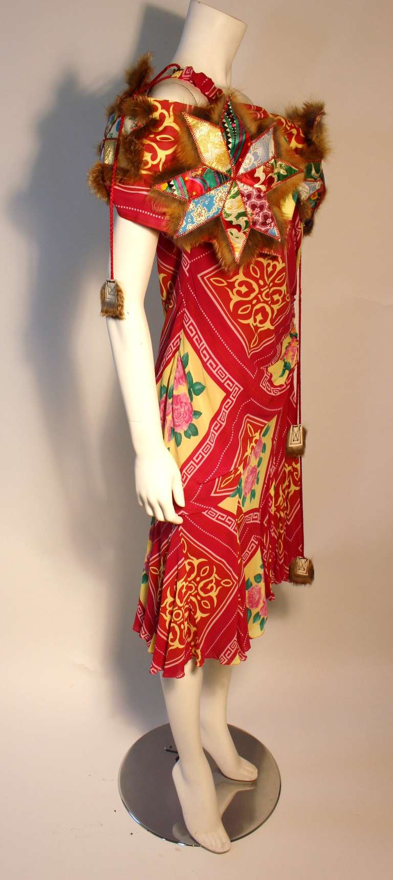 Red Dramatic 2000's John Galliano Silk Chiffon Rose Print Dress with Fur details 46