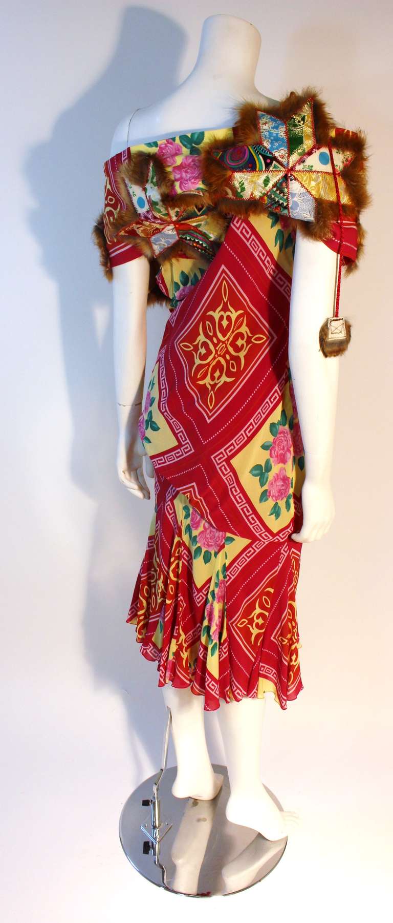 Dramatic 2000's John Galliano Silk Chiffon Rose Print Dress with Fur details 46 In New Condition In Los Angeles, CA