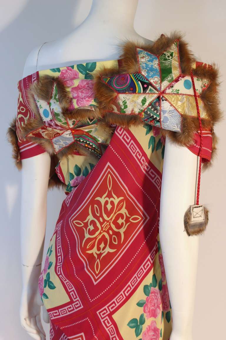 Dramatic 2000's John Galliano Silk Chiffon Rose Print Dress with Fur details 46 1