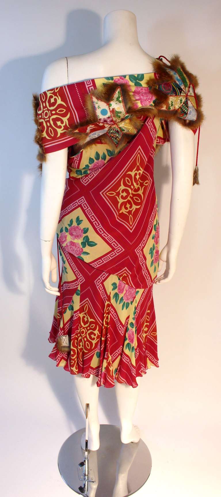 Women's Dramatic 2000's John Galliano Silk Chiffon Rose Print Dress with Fur details 46