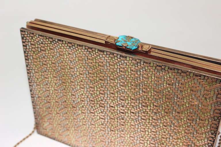 Cartier 1940's 14 kt Gold tri-color woven body with a turquoise clasp clutch 1