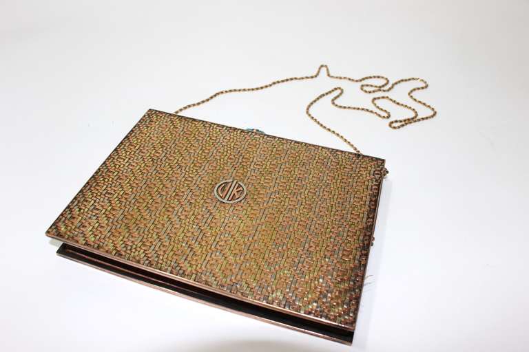 Brown Cartier 1940's 14 kt Gold tri-color woven body with a turquoise clasp clutch