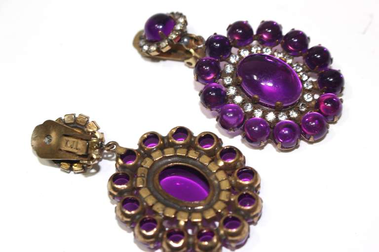 Kenneth Jay Lane Large Purple and Rhinestone Clip Earrings In Excellent Condition For Sale In Los Angeles, CA