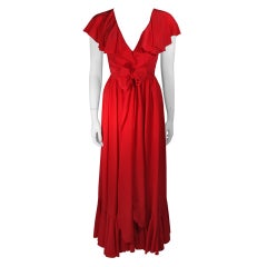 Oscar De La Renta Red Silk Flutter Neckline Wrap Waist & Ruffle Hem Dress Size 6