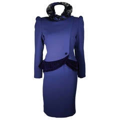 Vintage Carolina Herrera Couture Royal Blue Skirt Suit Ensemble Size Small