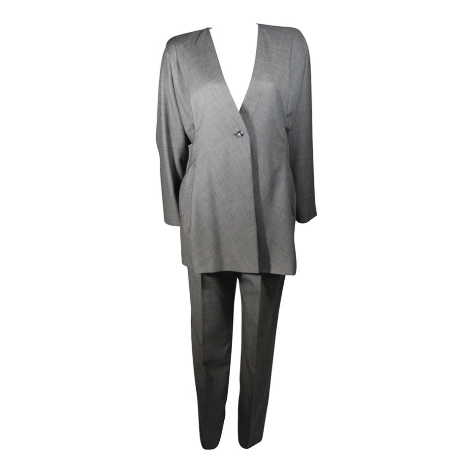 Galanos Couture Abstract Grey Wool Suit Size 2 4 6