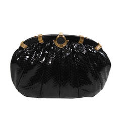 Judith Leiber Black Snakeskin Purse with Cameo Closure and Gold Hardware