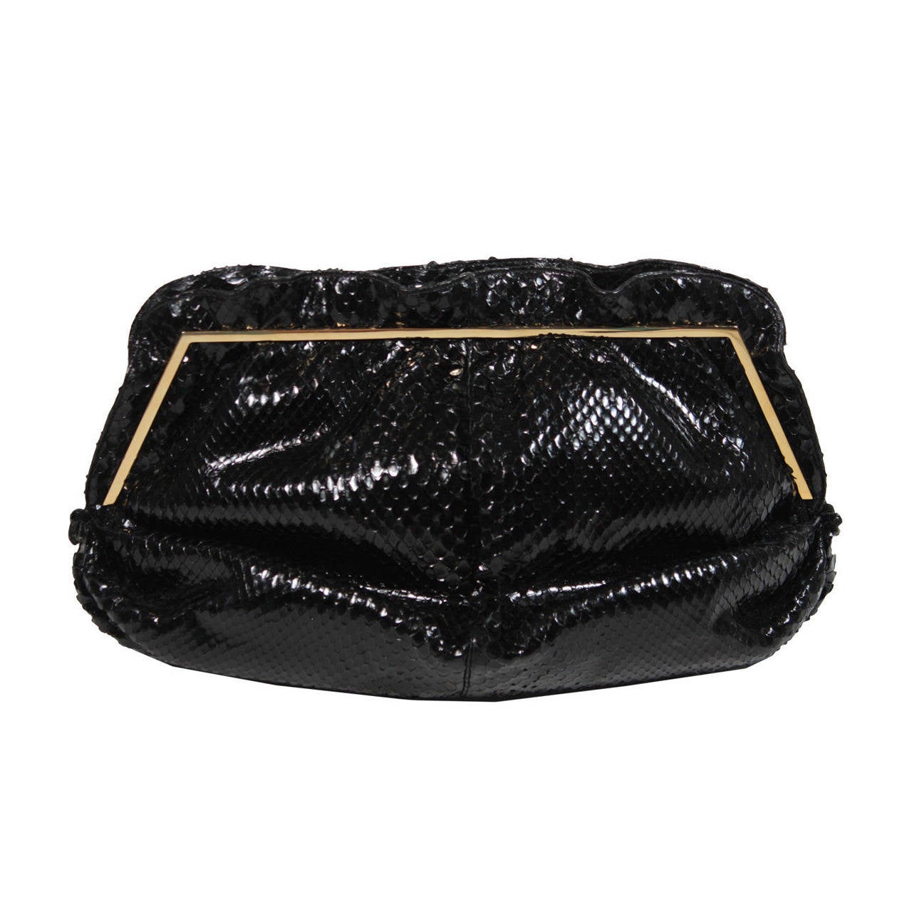 Judith Leiber Black Gathered Snakeskin Clutch with Gold Hardware