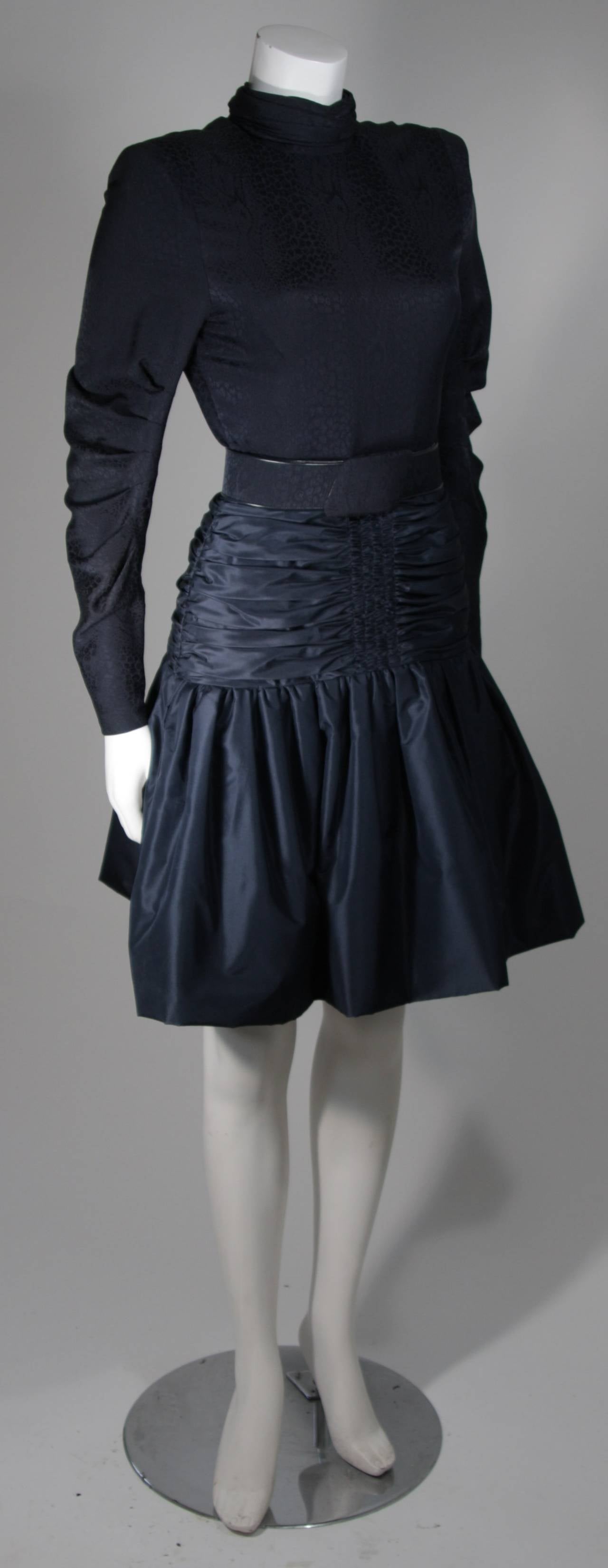 Women's Galanos Couture Navy Silk Cocktail Dress with Gathers and Belt Size 2 4