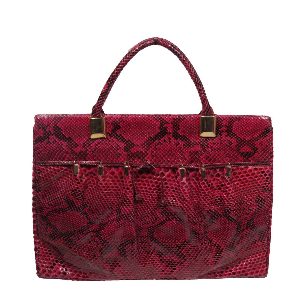 1980's Judith Leiber Extra Large Magenta Snakeskin Tote with Gold