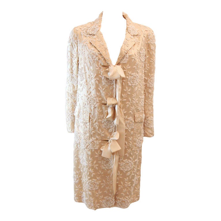 Cream Silk Coat with white floral beaded motif and ribbon tie closures