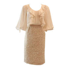 Oscar De La Renta Ivory and Cream Silk Blouse and Skirt Set Size 10
