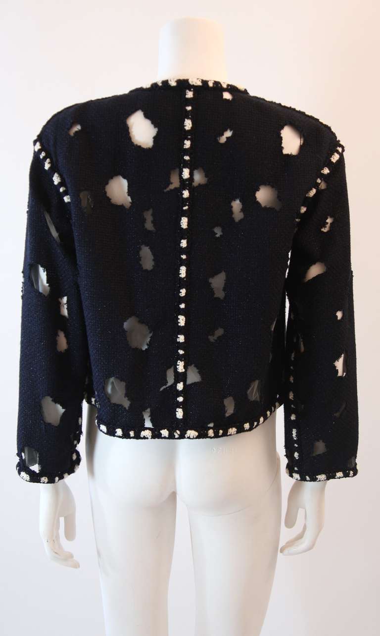 Navy Metallic Chanel Boucle Jacket with Mesh Cut Out Inserts Size 44 2