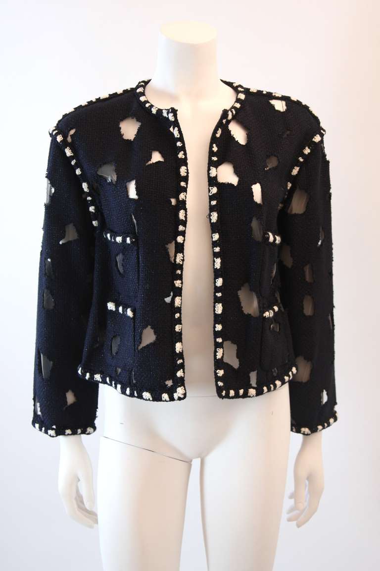Navy Metallic Chanel Boucle Jacket with Mesh Cut Out Inserts Size 44 In Excellent Condition In Los Angeles, CA