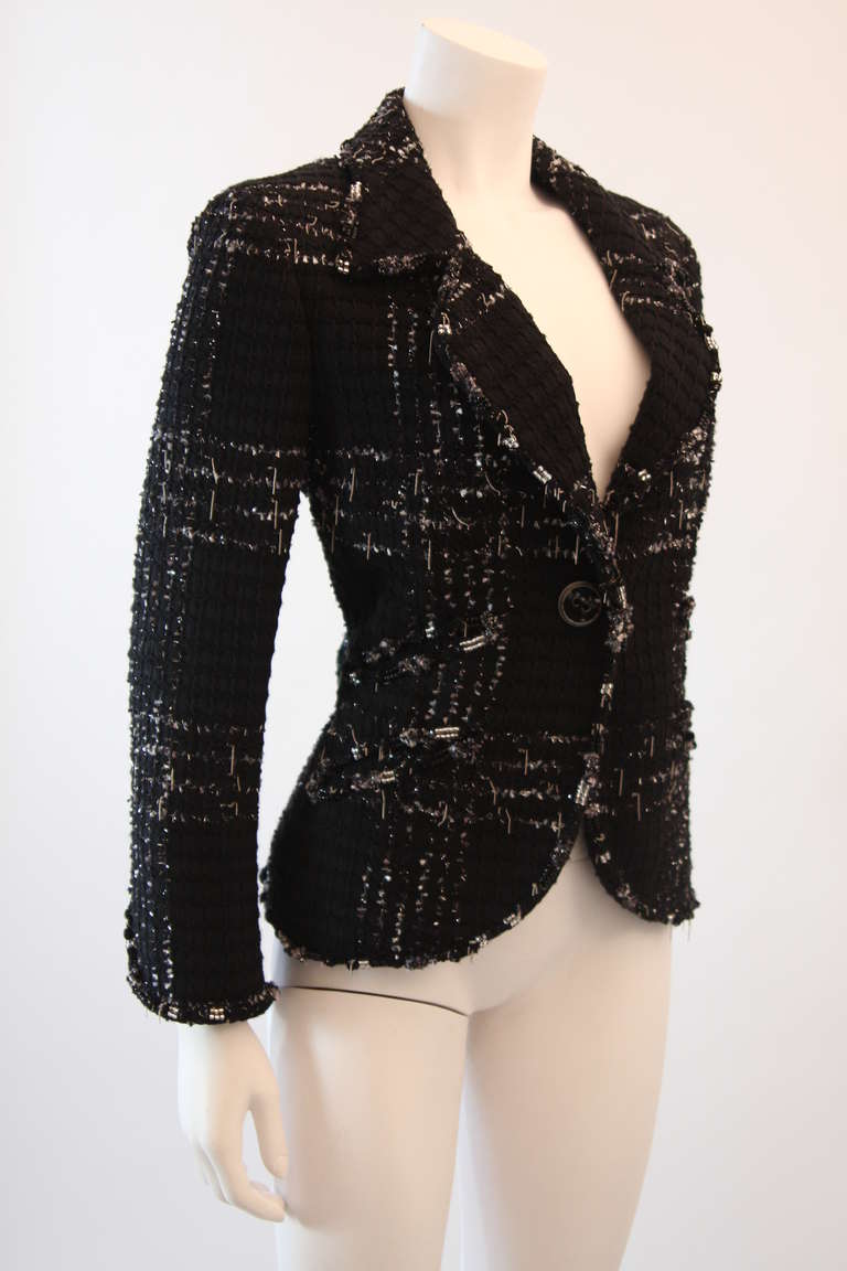 Chanel Metal and Boucle Blazer Size 44 with Glass Beads In Excellent Condition In Los Angeles, CA