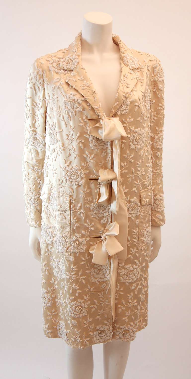 Cream Silk Coat with white floral beaded motif and ribbon tie closures 4