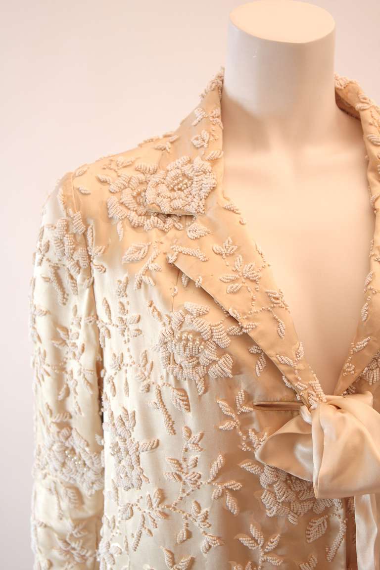 Cream Silk Coat with white floral beaded motif and ribbon tie closures 3