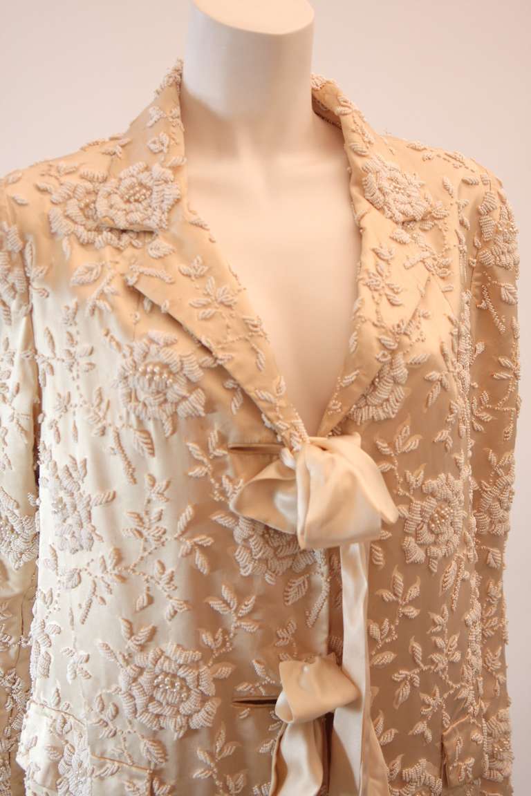 Cream Silk Coat with white floral beaded motif and ribbon tie closures 2