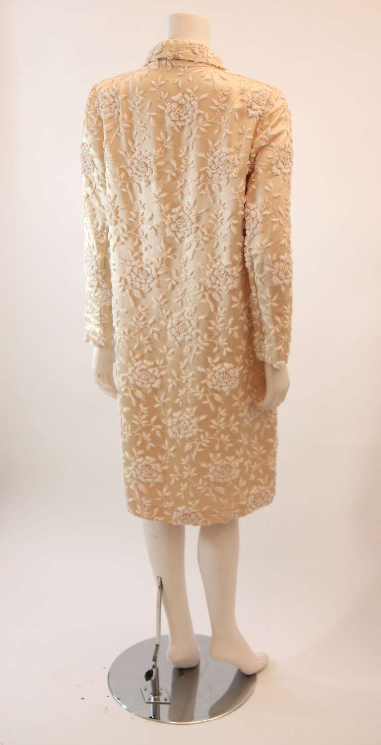 Women's Cream Silk Coat with white floral beaded motif and ribbon tie closures