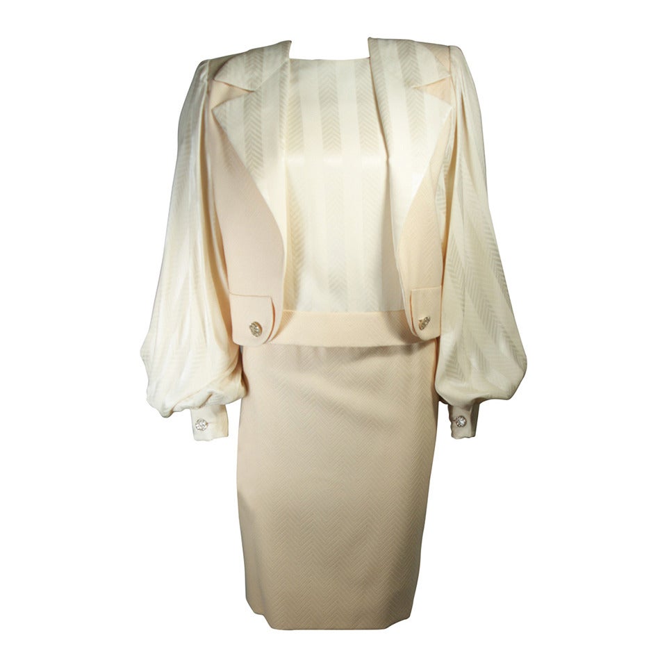 Galanos Couture Cream Silk Skirt Suit Size 2 4