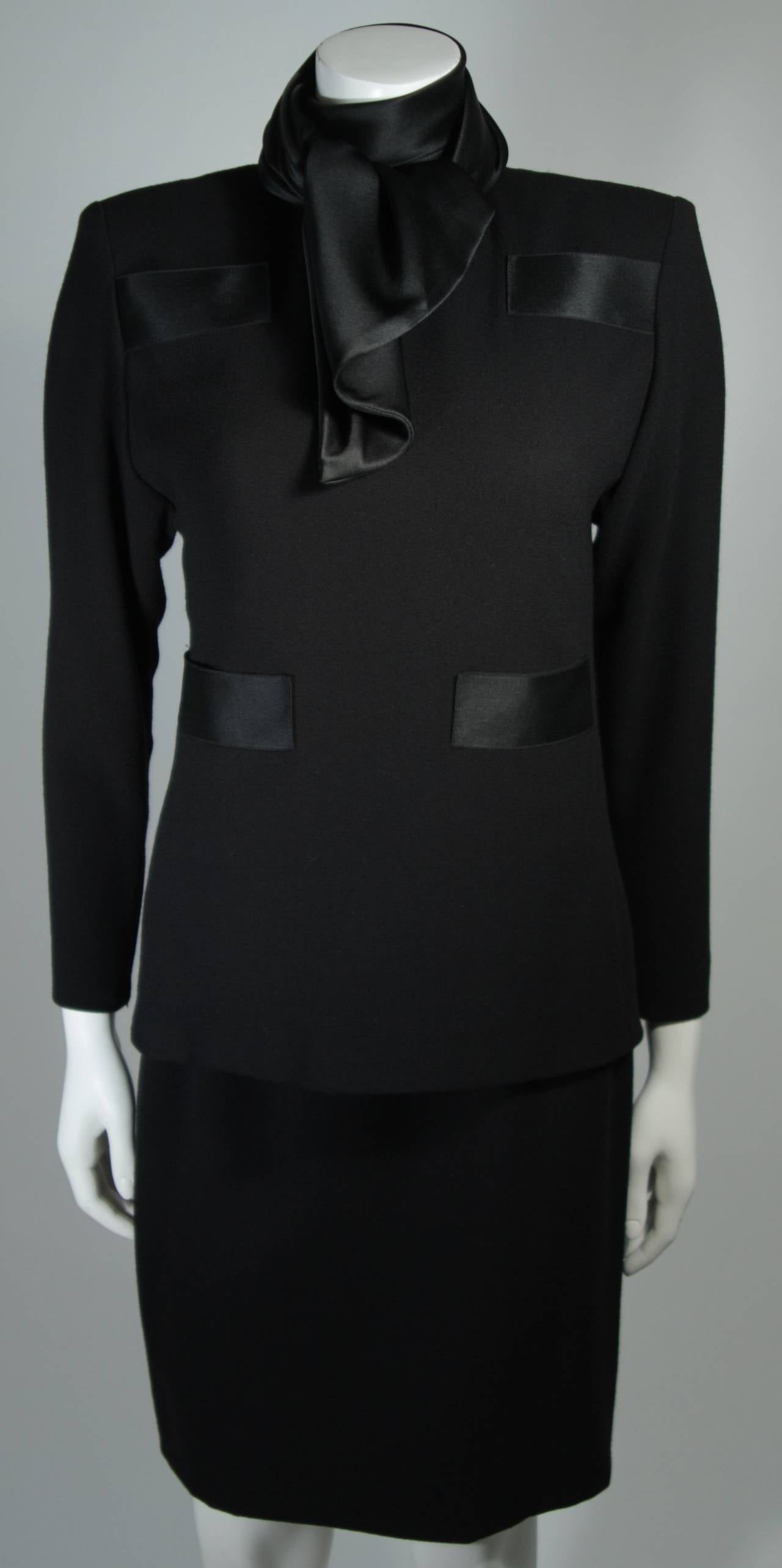 Galanos Couture Black Wool Skirt Suit with Silk Details Size 2 4 In Excellent Condition In Los Angeles, CA