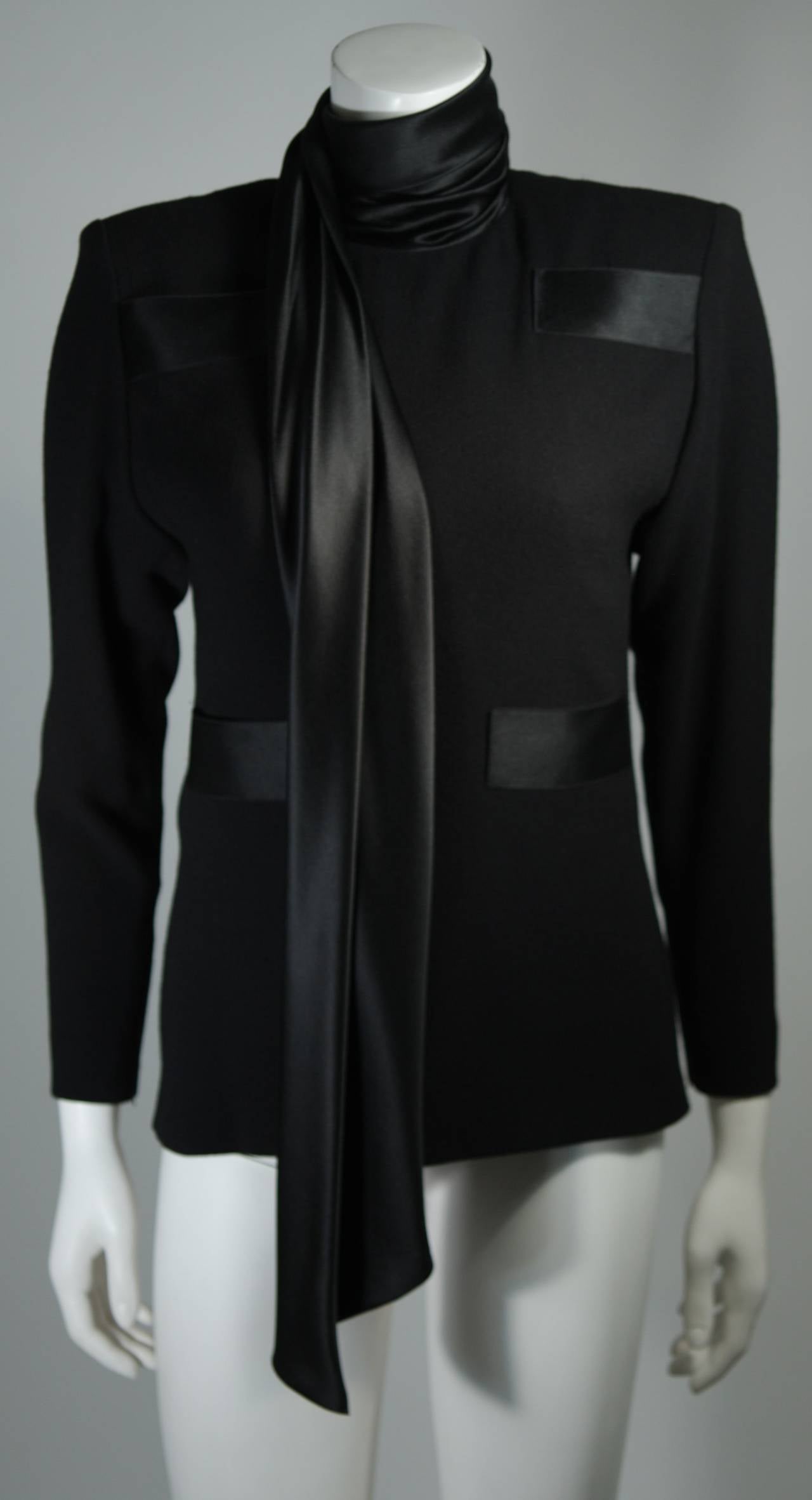 Galanos Couture Black Wool Skirt Suit with Silk Details Size 2 4 4