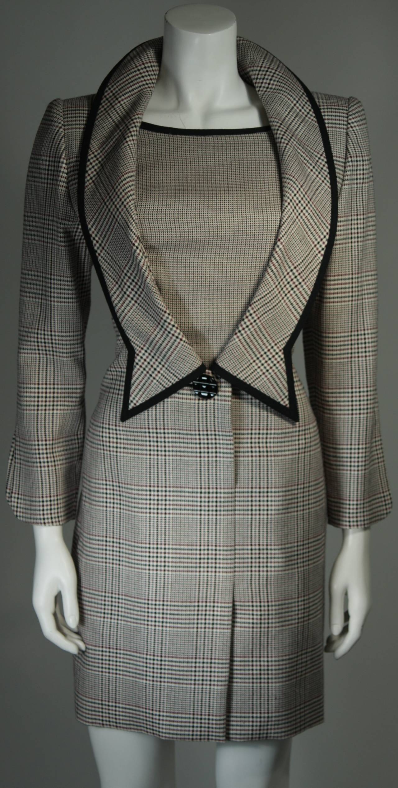 Gray Galanos Couture Maroon Houndstooth Dress with Black Trim Size 2 4