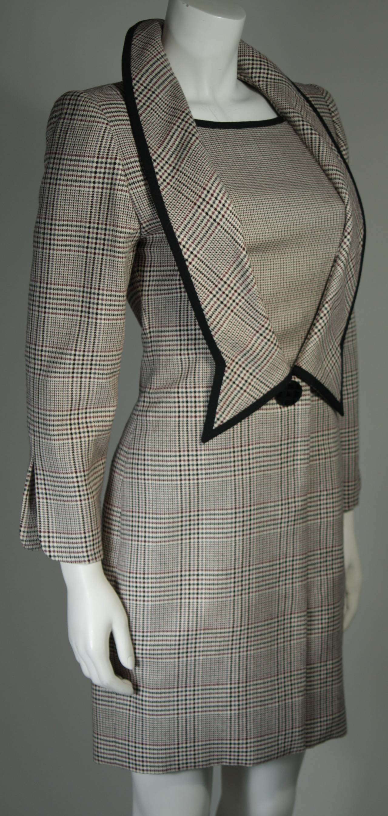 Women's or Men's Galanos Couture Maroon Houndstooth Dress with Black Trim Size 2 4