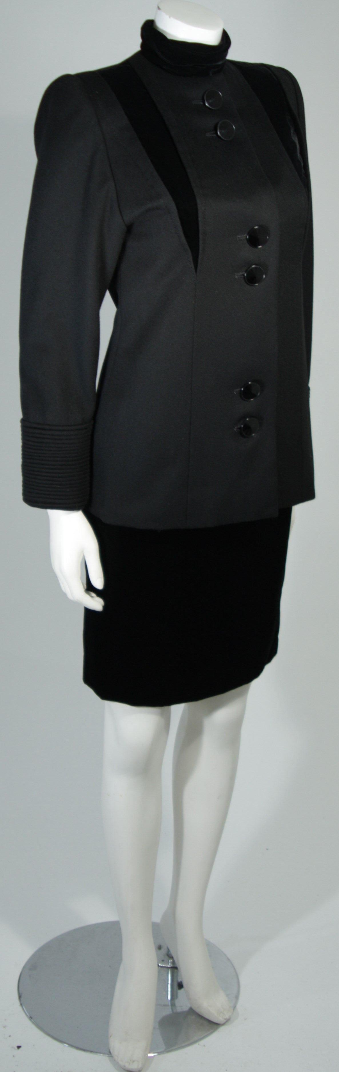 Women's Galanos Couture Black Wool and Velvet Skirt Suit Ensemble Size 2 4