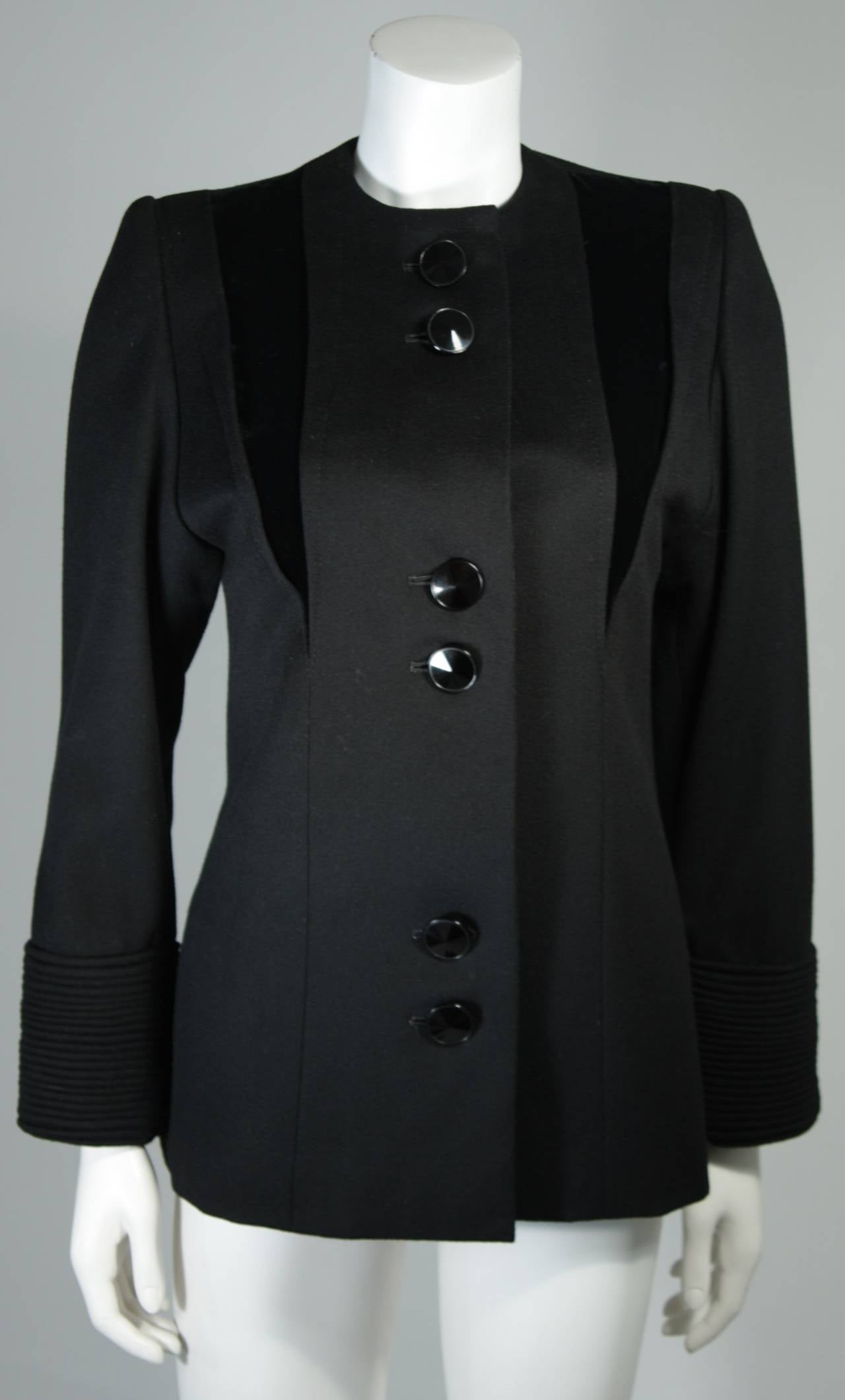 Galanos Couture Black Wool and Velvet Skirt Suit Ensemble Size 2 4 3