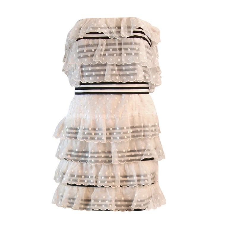 Chanel 2pc White Polka Dot and Navy Striped Dress with Belt