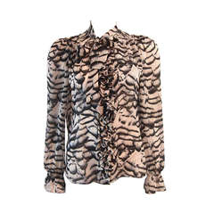 Roberto Cavalli Feather Watercolor Ruffle Blouse Size 44