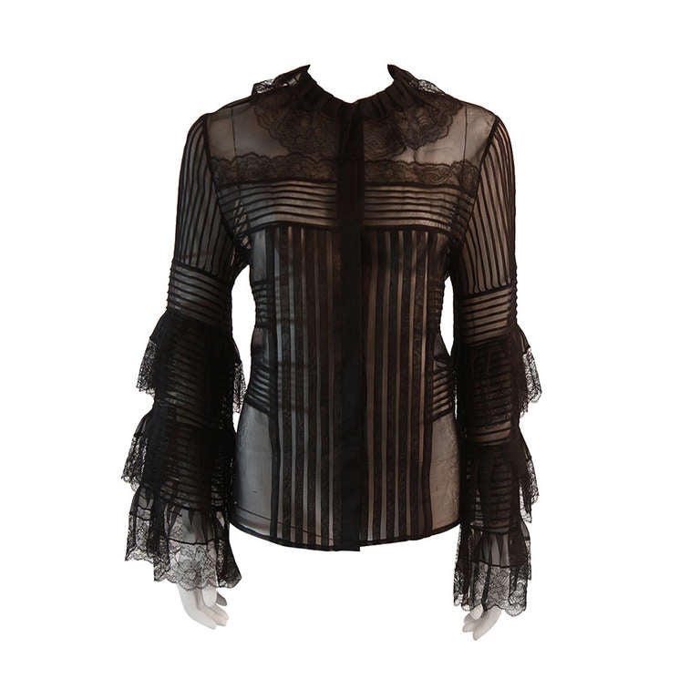 Oscar De La Renta Romantic Sheer Ruffled Blouse Size 12 at 1stdibs