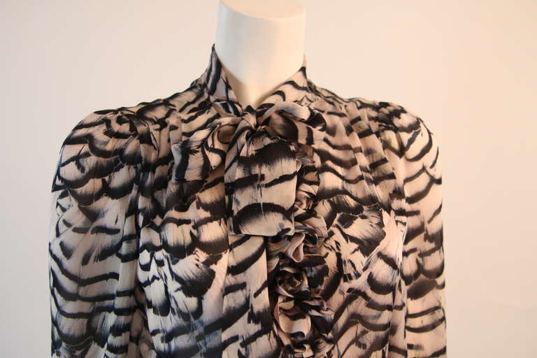 Roberto Cavalli Feather Watercolor Ruffle Blouse Size 44 In Excellent Condition In Los Angeles, CA