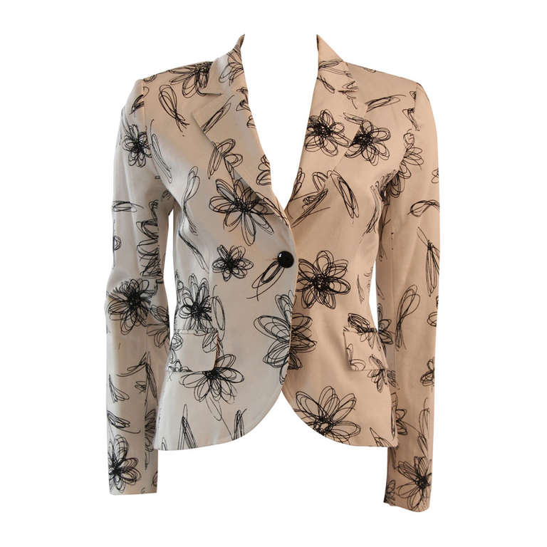 Moschino Jeans White with Black Floral Sketch Single Button Blazer For Sale