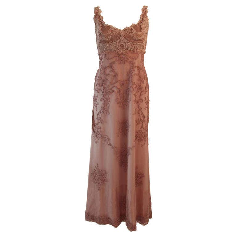 Badgley Mischka Beaded Lace Overlay Blush Pink Gown Size 4 at 1stDibs