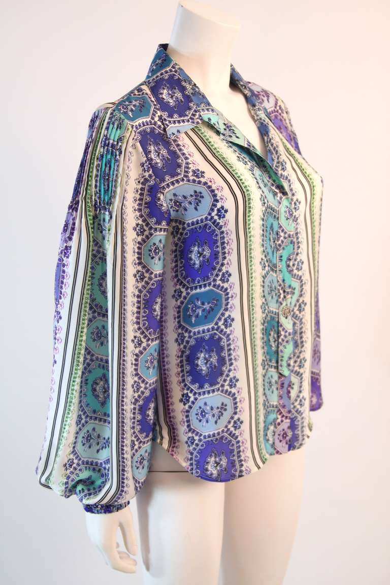 Roberto Cavalli Silk Blouse Abstract Shades of Turquoise & Purple Print 42 In Excellent Condition In Los Angeles, CA