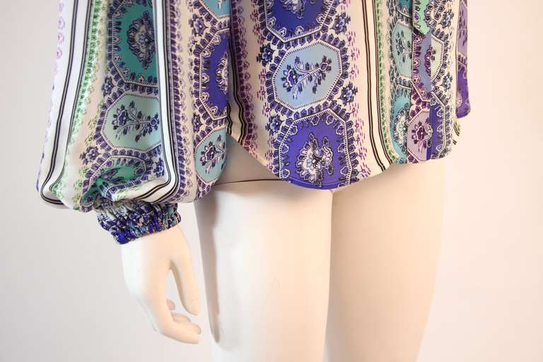 Women's Roberto Cavalli Silk Blouse Abstract Shades of Turquoise & Purple Print 42