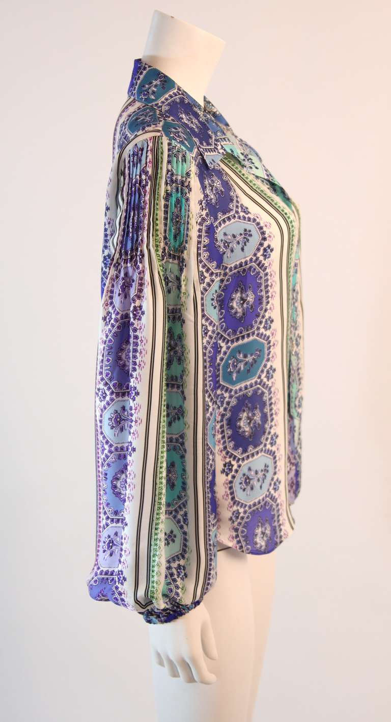 Roberto Cavalli Silk Blouse Abstract Shades of Turquoise & Purple Print 42 1