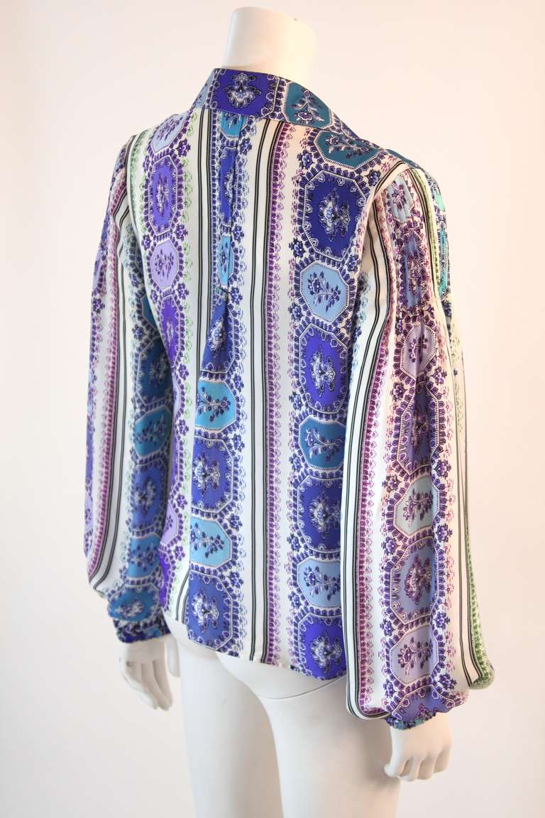 Roberto Cavalli Silk Blouse Abstract Shades of Turquoise & Purple Print 42 2