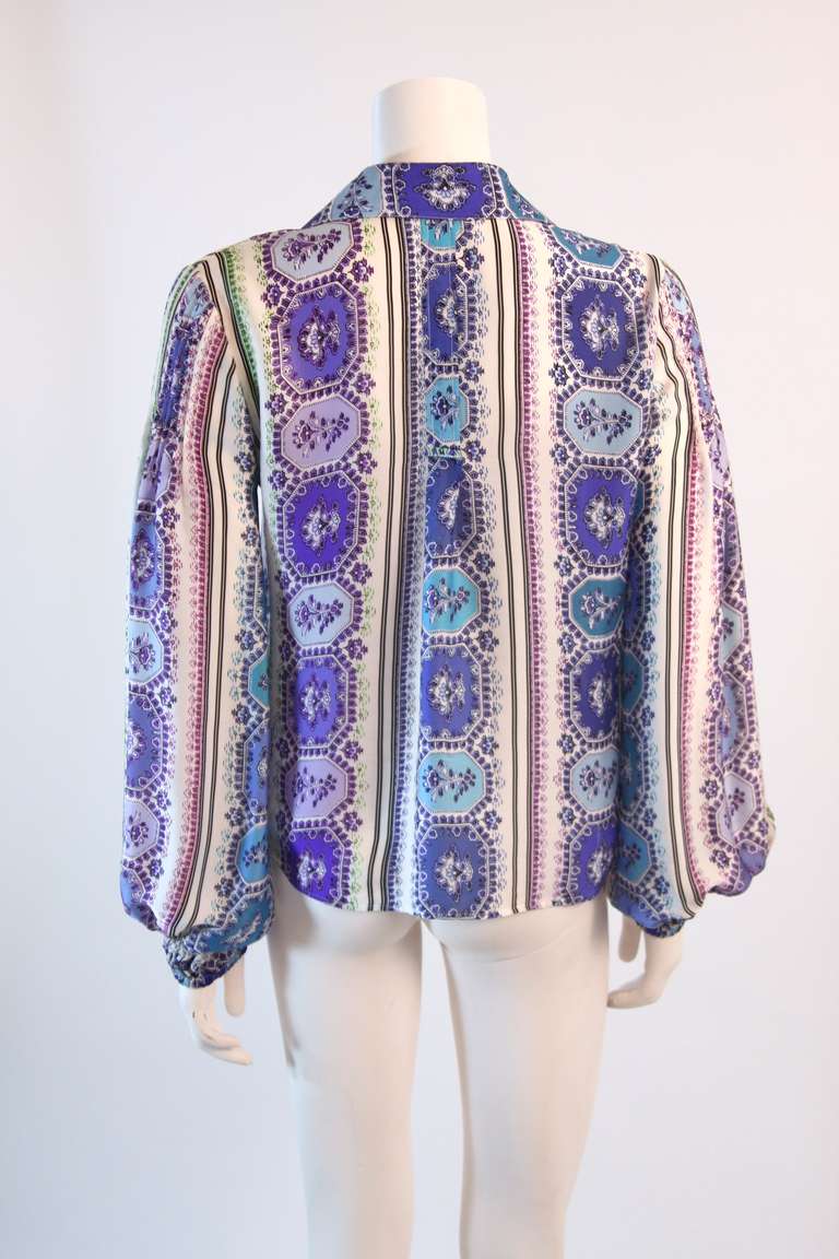 Roberto Cavalli Silk Blouse Abstract Shades of Turquoise & Purple Print 42 3