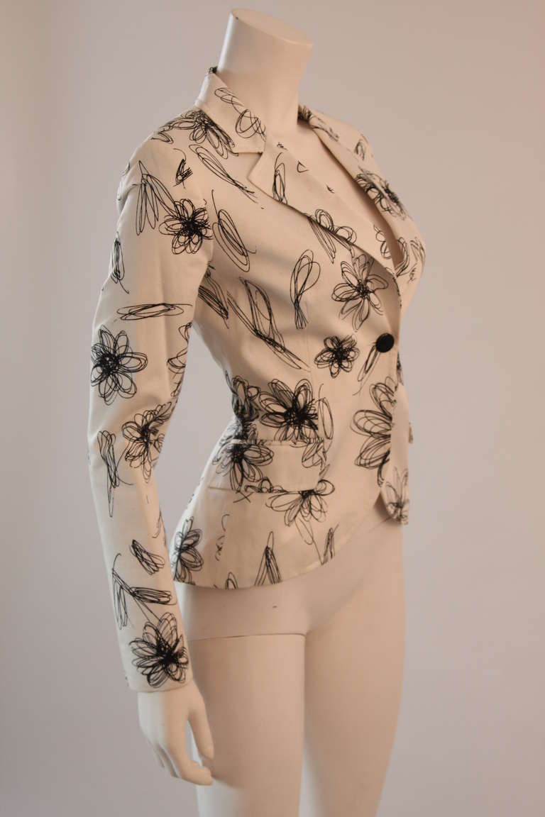 Brown Moschino Jeans White with Black Floral Sketch Single Button Blazer For Sale