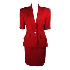 Hermes Two Piece Red Linen Skirt Suit with Short Sleeve Jacket with H buttons 42