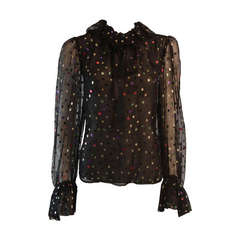 Spectacular Yves Saint Laurent Metallic Polka Dot Silk Chiffon Ruffle Blouse 36