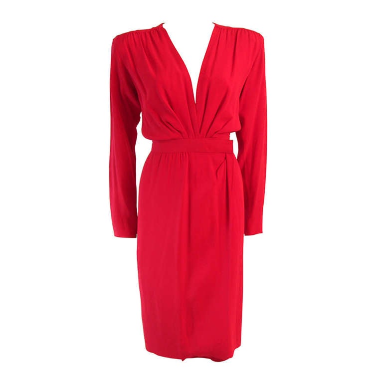 Yves Saint Laurent Deep Plunging Cardinal Red wrap waist Dress Size 36