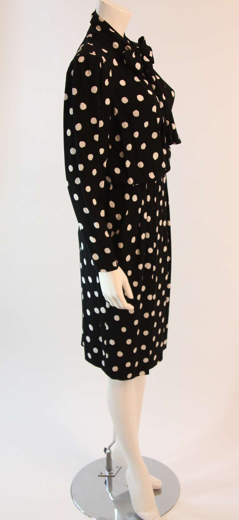 80's Yves Saint Laurent Rive Gauche Polka Dot Tie Neck Secretary Dress Size 42 1