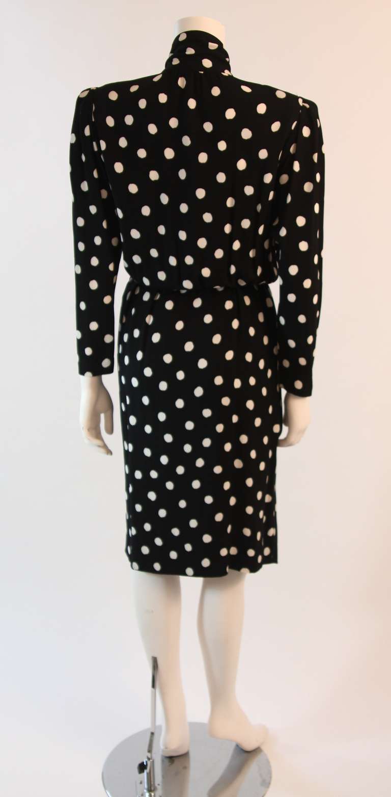 80's Yves Saint Laurent Rive Gauche Polka Dot Tie Neck Secretary Dress Size 42 3