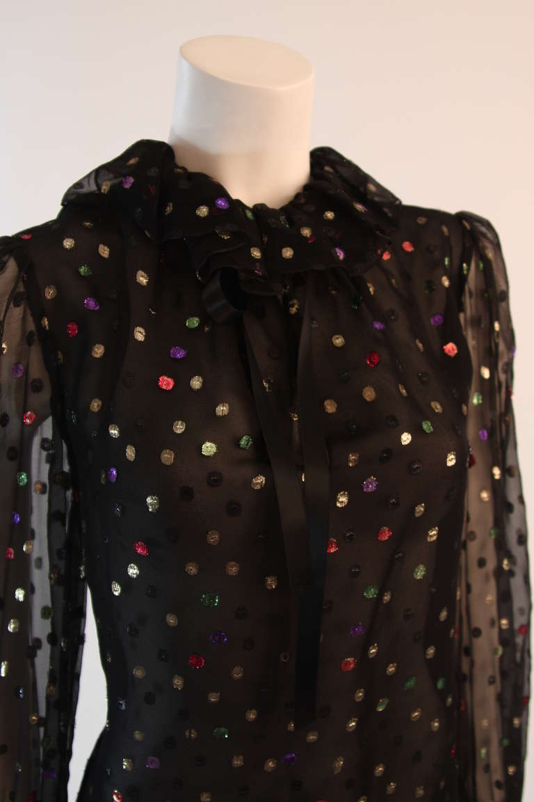 Spectacular Yves Saint Laurent Metallic Polka Dot Silk Chiffon Ruffle Blouse 36 In Excellent Condition In Los Angeles, CA